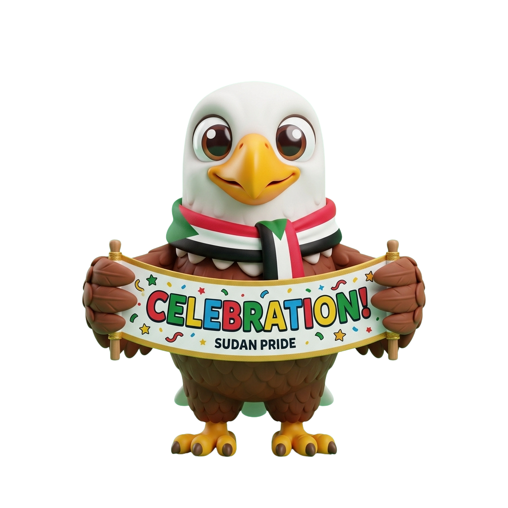 Cartoon eagle figure wearing a scarf with Sudan flag colors, holding a colorful celebration banner saying Sudan Pride