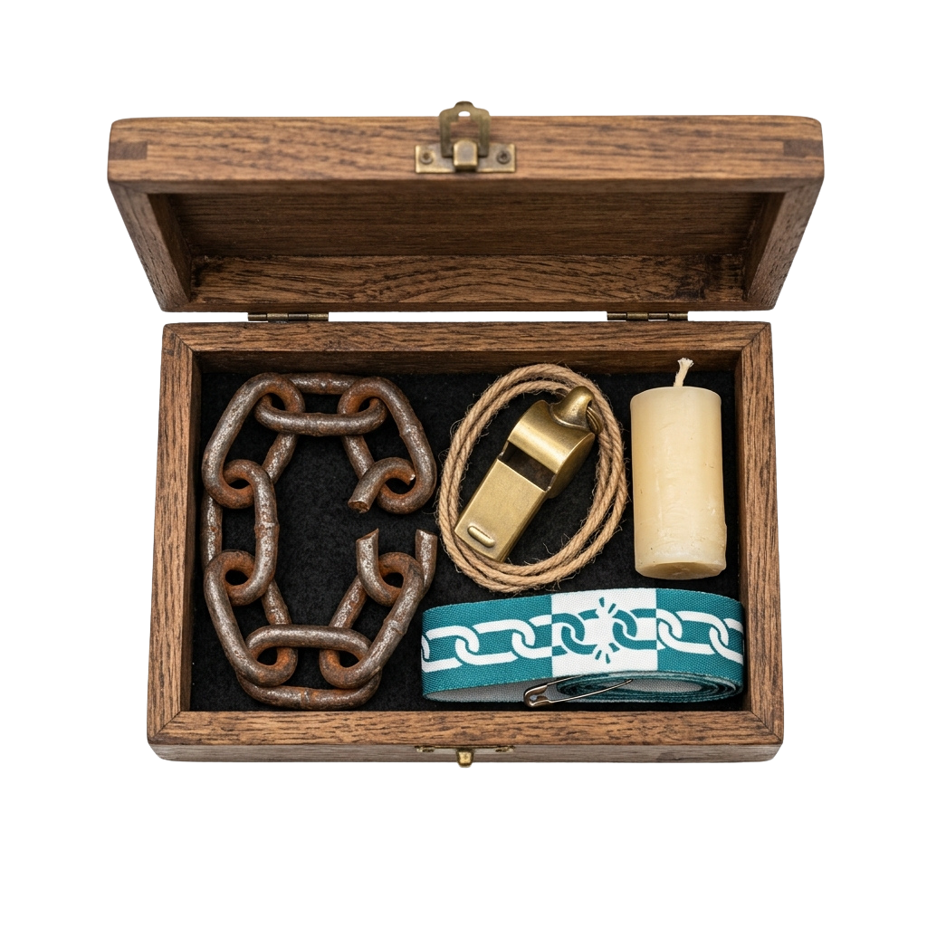 Open wooden box containing a metal chain belt, whistle on a cord, candle, and decorative belt with chain pattern
