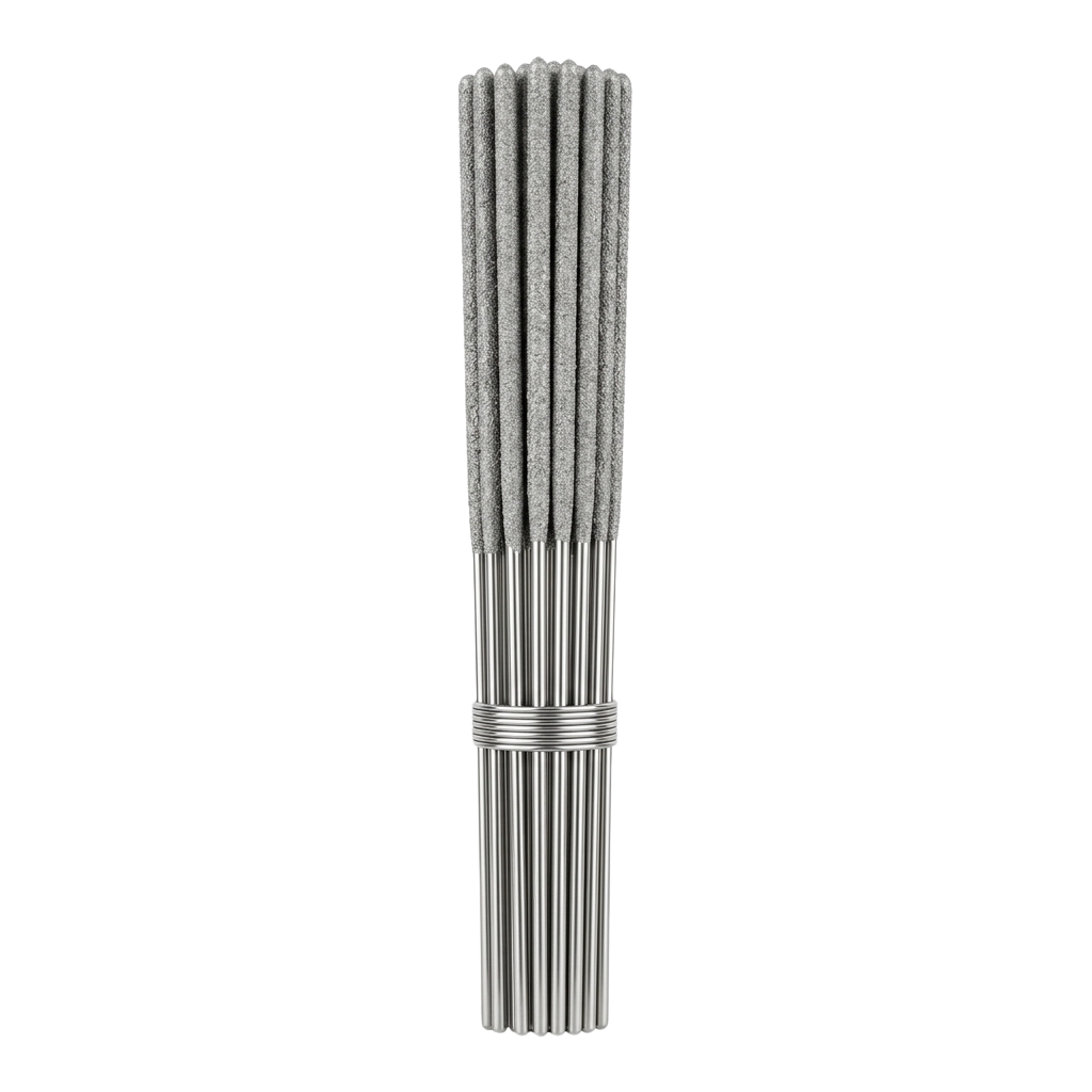 A collection of metal brushes bundled together and secured with a wire wrap at the base.