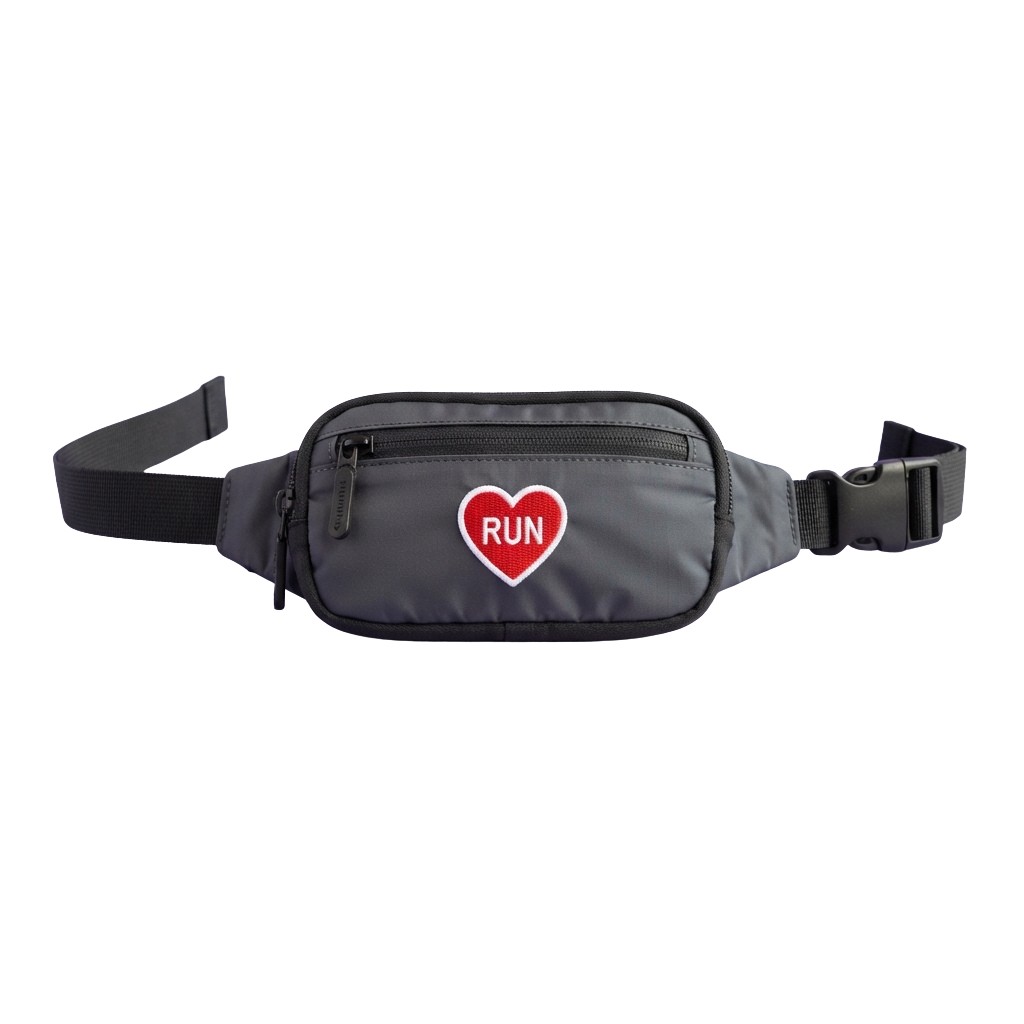 Gray waist pack featuring a red heart with the word RUN inside