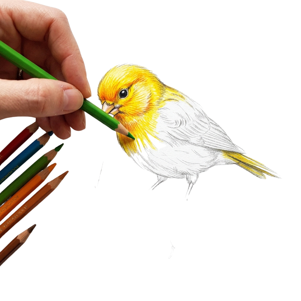 Colorful Hand-Drawn Cartoon Bird with Green Pencil - Draw A Bird Day 18
