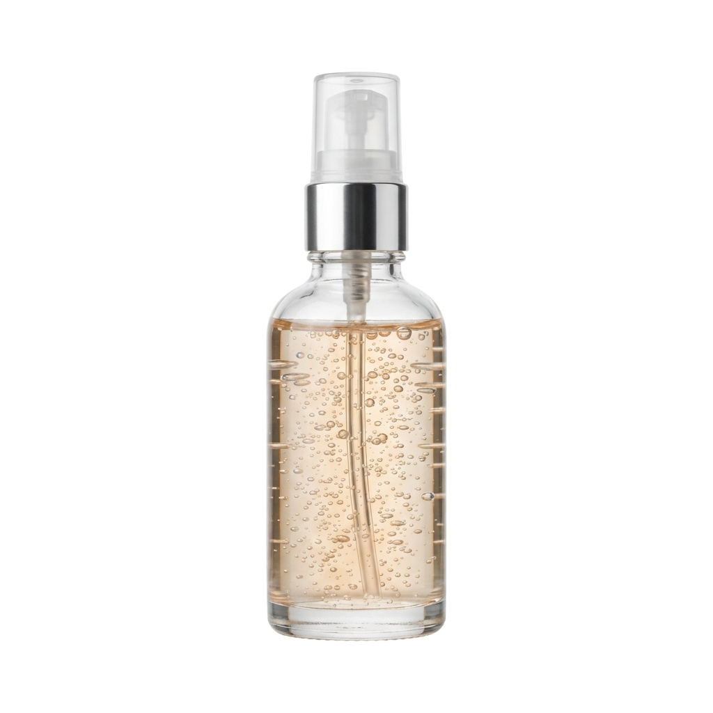 Clear spray bottle filled with translucent hand sanitizer liquid against a black background