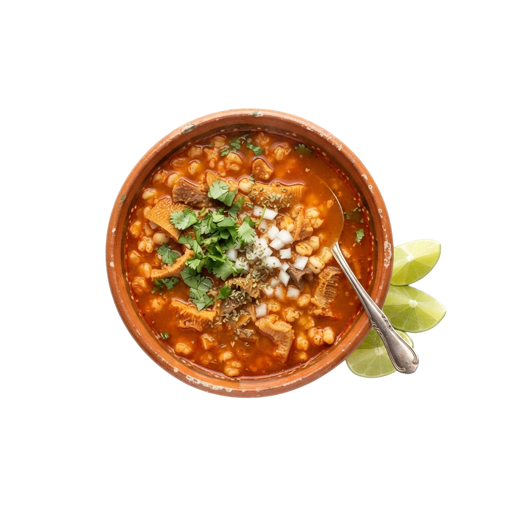 A terracotta bowl filled with spicy soup containing chickpeas, meat, and garnished with cilantro, cheese, and lime wedges