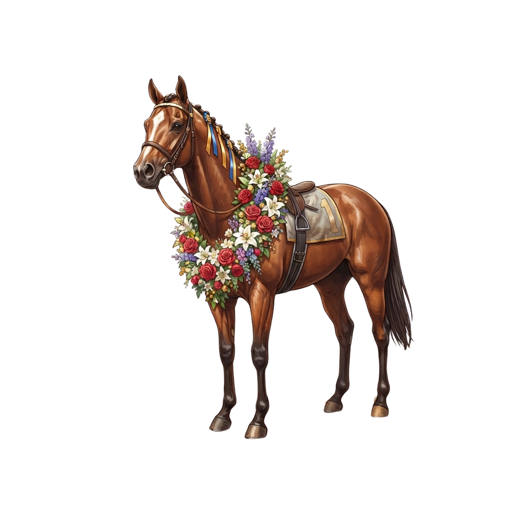 A brown horse adorned with a decorative floral harness featuring red roses and purple flowers.