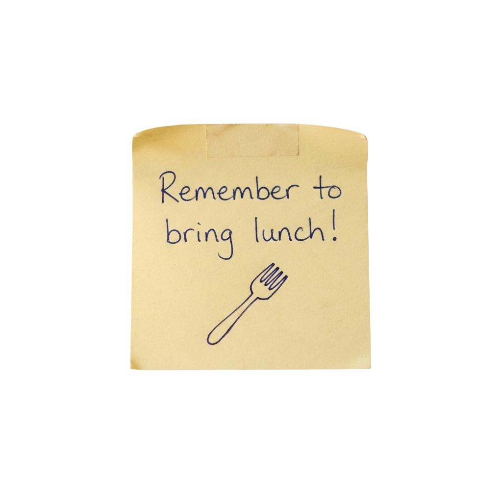 Handwritten note on brown paper reminding someone to bring lunch with a fork drawing