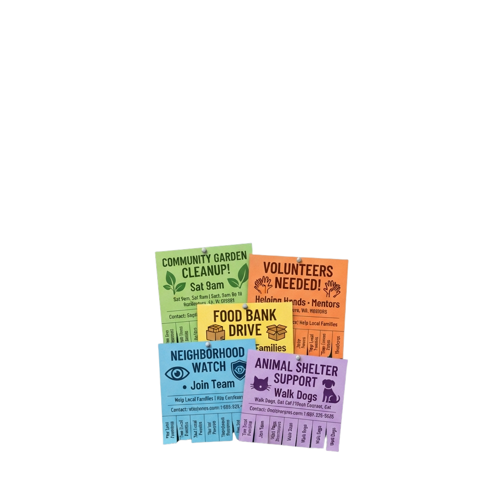 Five colorful flyers advertising community events including garden cleanup, food bank drive, volunteer needs, neighborhood watch, and animal shelter support.