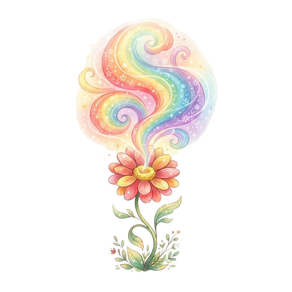 A lightbulb with rainbow swirls and a pink flower growing from its base on a black background