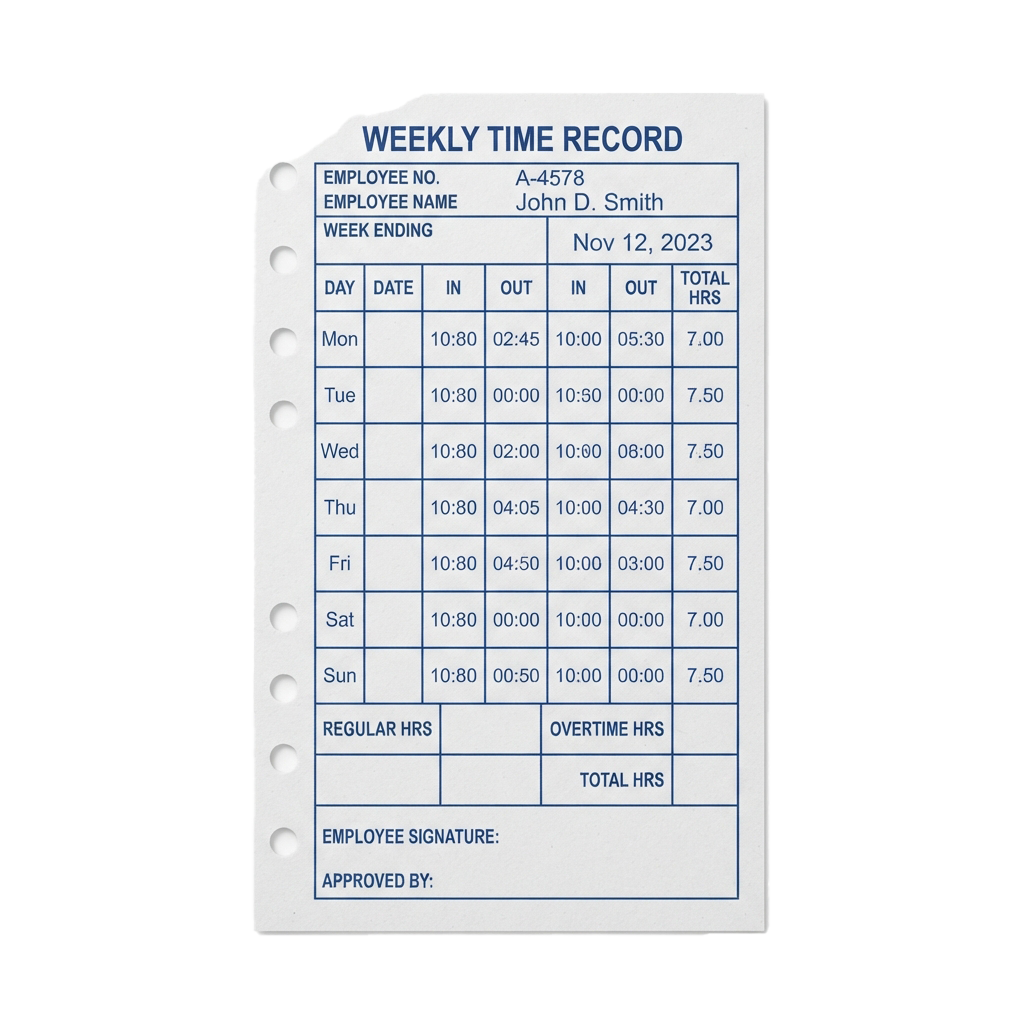 A weekly time record sheet showing employee clock-in and clock-out times for each day of the week ending November 12, 2023.