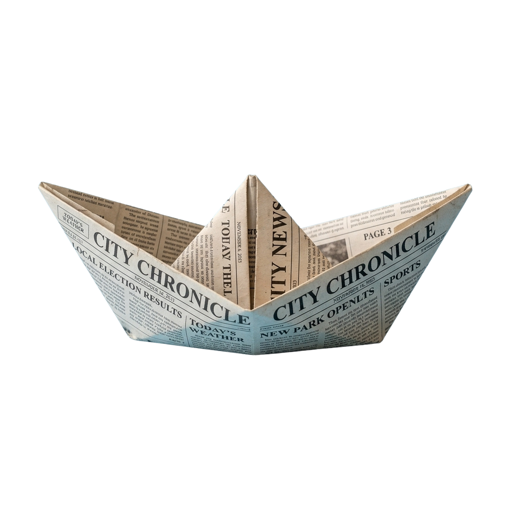 Origami boat made from folded newspaper pages with visible headlines