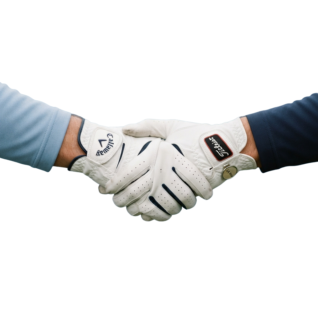 Two golfers shaking hands while wearing white golf gloves on both hands