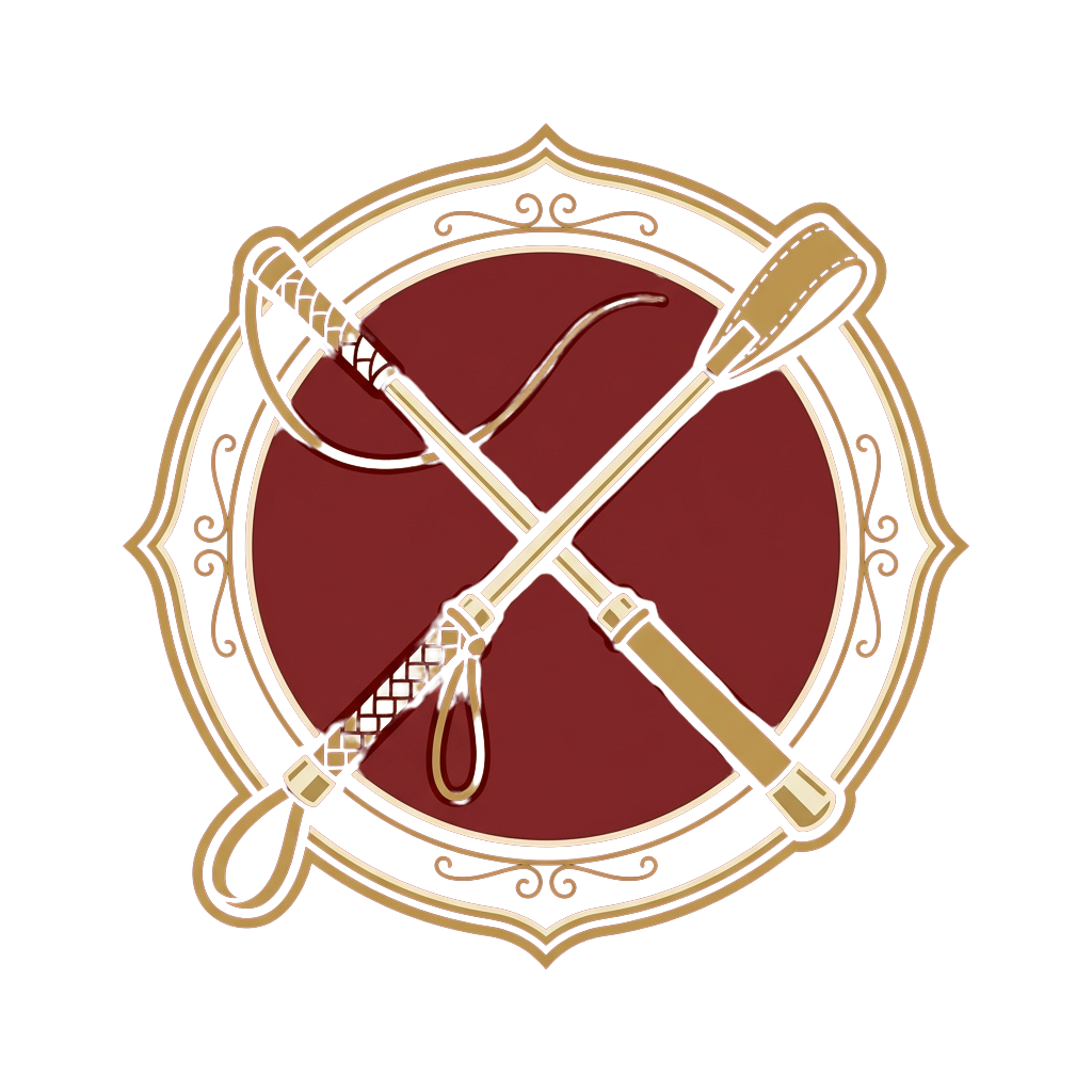 Two crossed swords inside an ornate gold and red circular frame with decorative swirls around the border