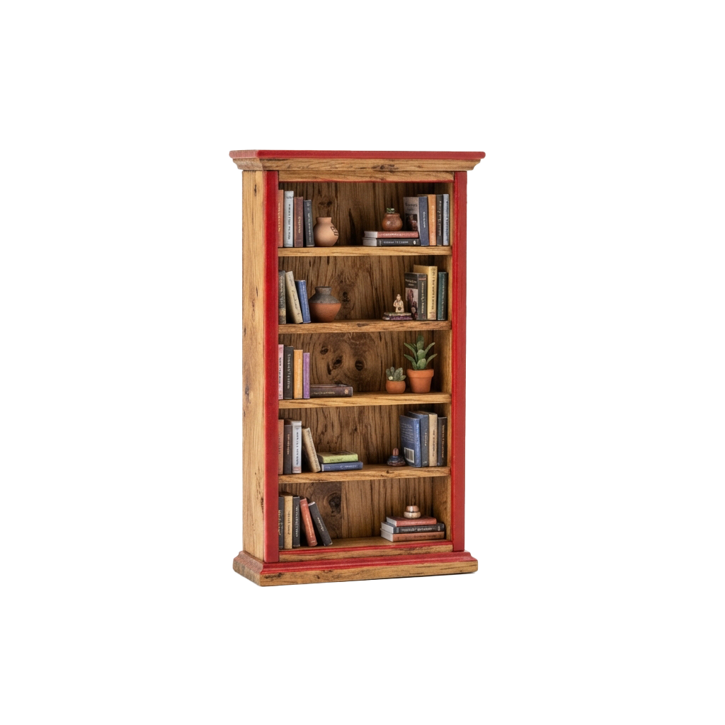 Red Wooden Bookshelf with Rustic Decor and Books - Wooden Bookshelf Miniature 202608261535