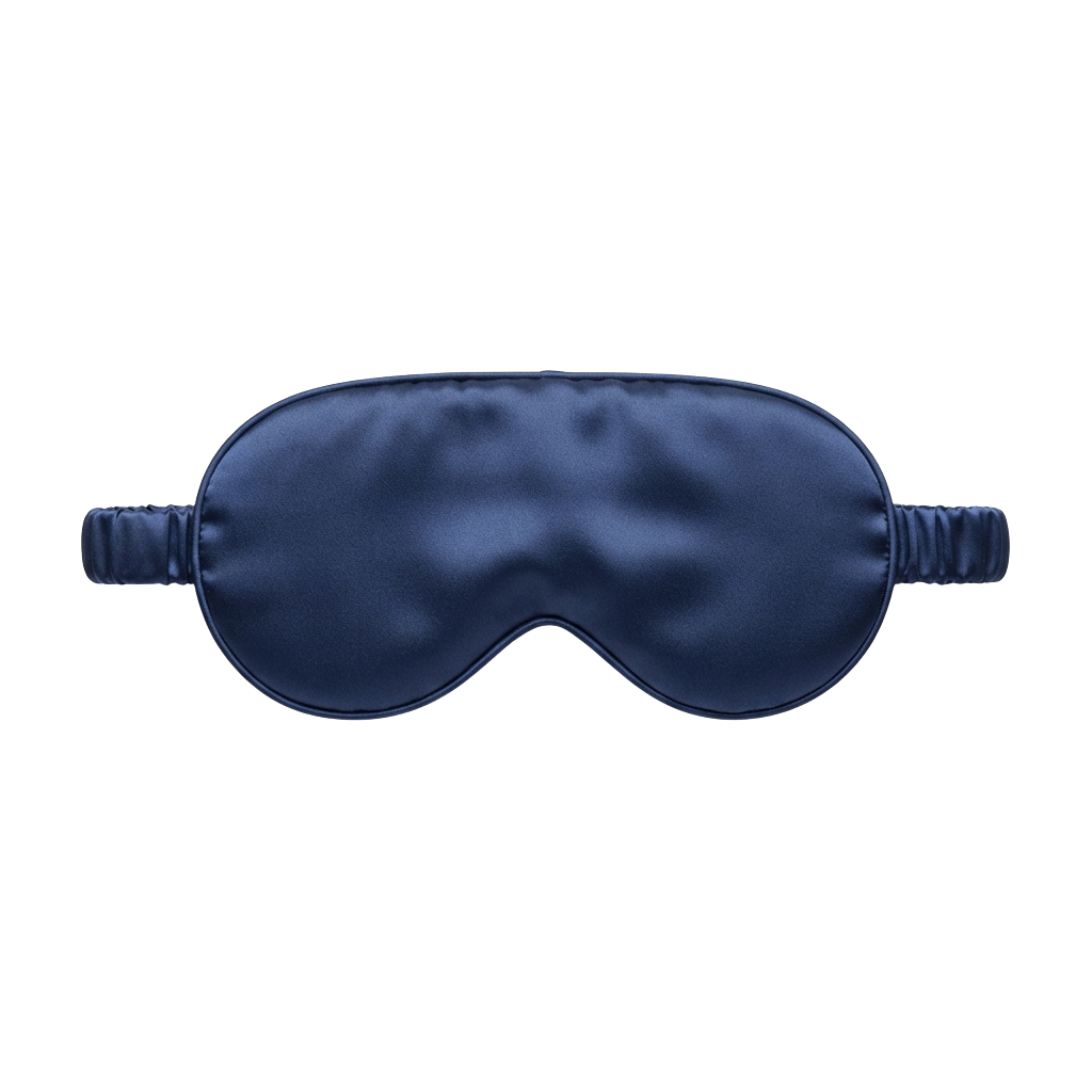Dark blue silk sleep mask with adjustable straps shown against a black background