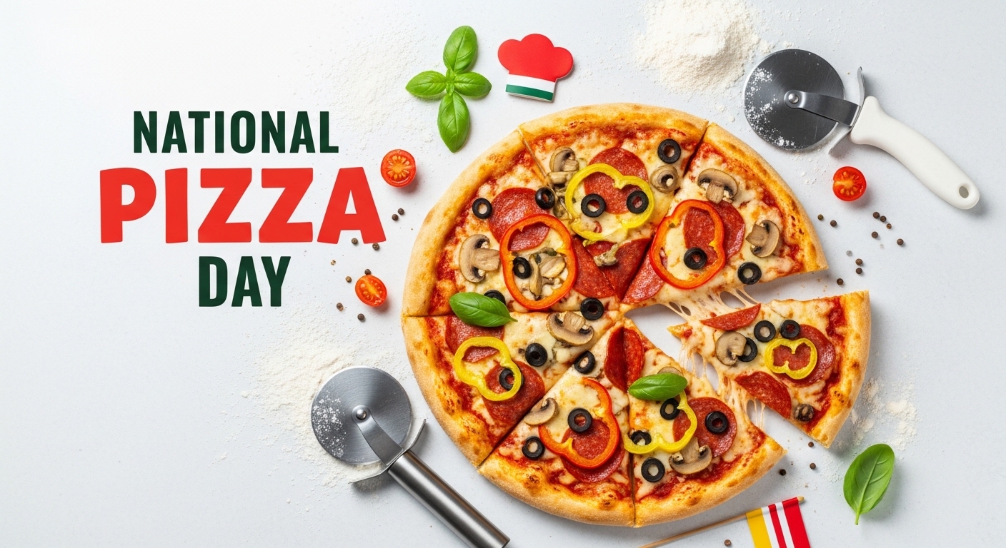 National Pizza Day Concept with Sliced Supreme Pizza, Basil, and Kitchen Tools - Feature Imagefeb 09