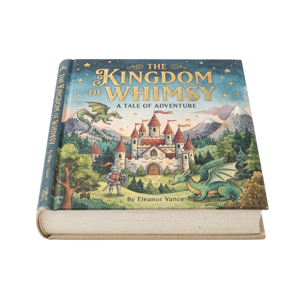 Illustrated book cover showing a fantasy castle, knights, dragons, and a starry night sky titled Kingdom of Whimsy