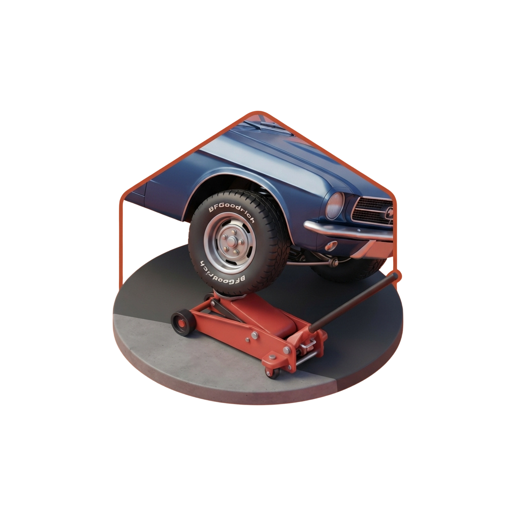 Blue classic car raised on a red hydraulic floor jack with one wheel off the ground