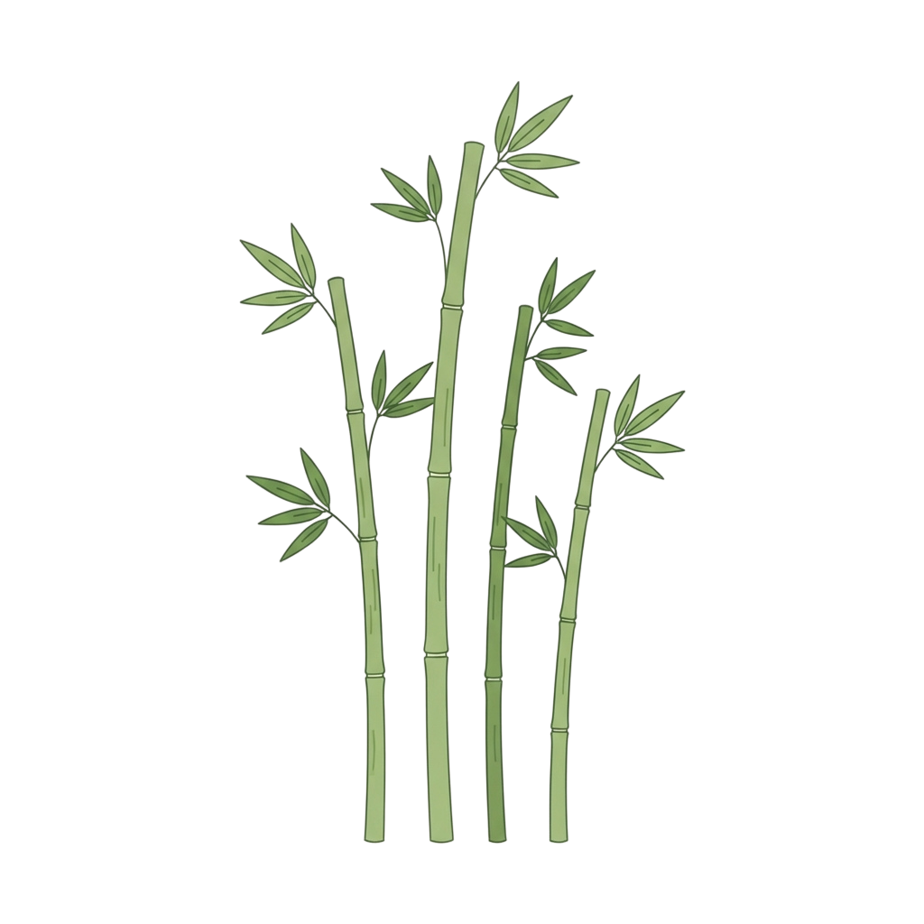 Five bamboo stalks with green leaves growing upward against a black background