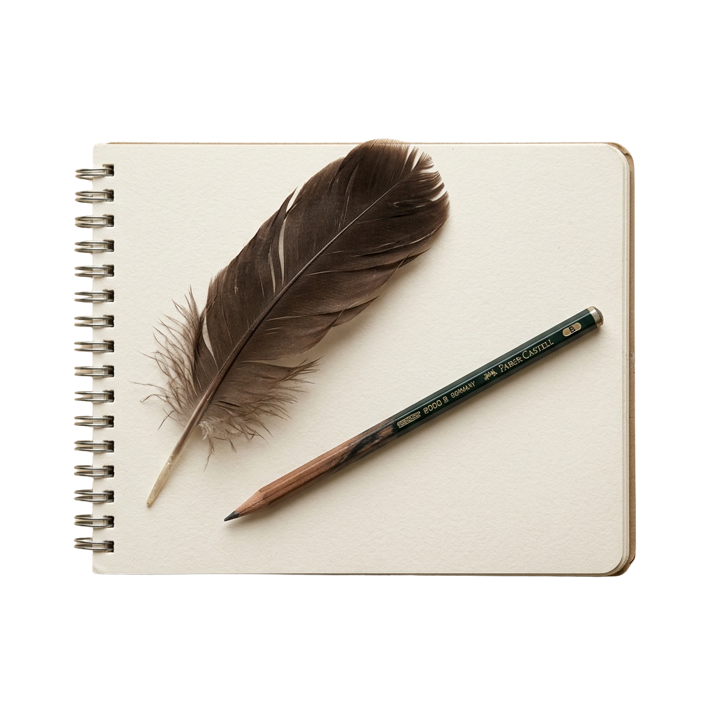 A spiral-bound notebook page with a brown feather and a pencil resting on it