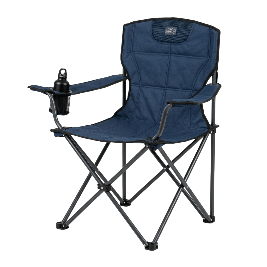 Blue folding camping chair with armrests, cup holder, and mesh back pocket on black metal frame