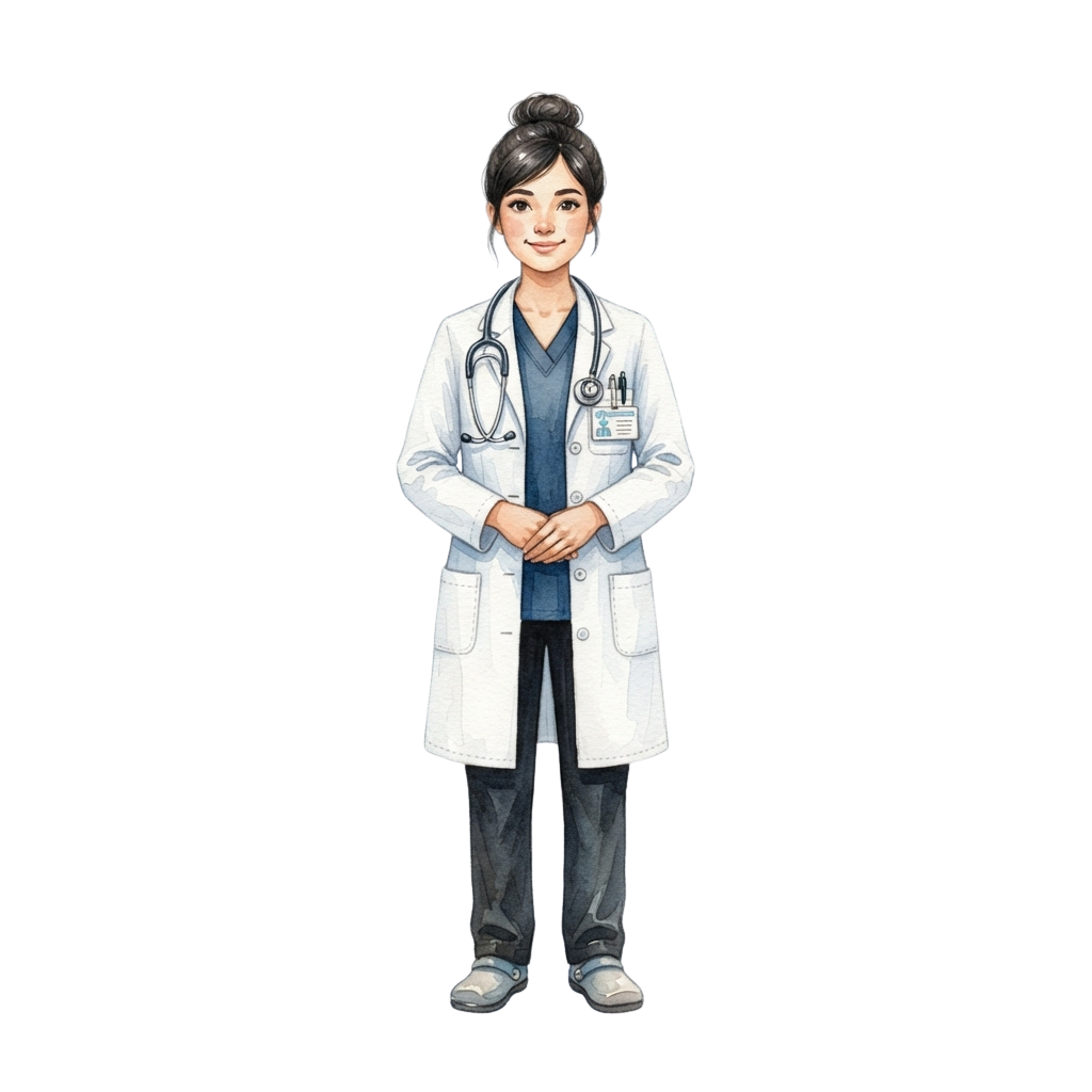 A smiling female doctor wearing a white lab coat, stethoscope, and ID badge standing with hands clasped.