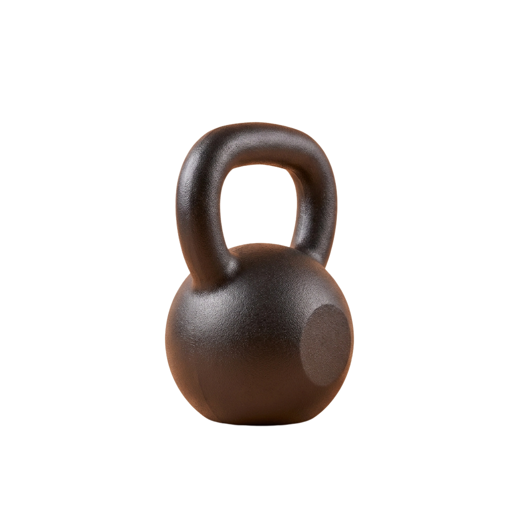 A dark-colored kettlebell with a handle on top against a black background