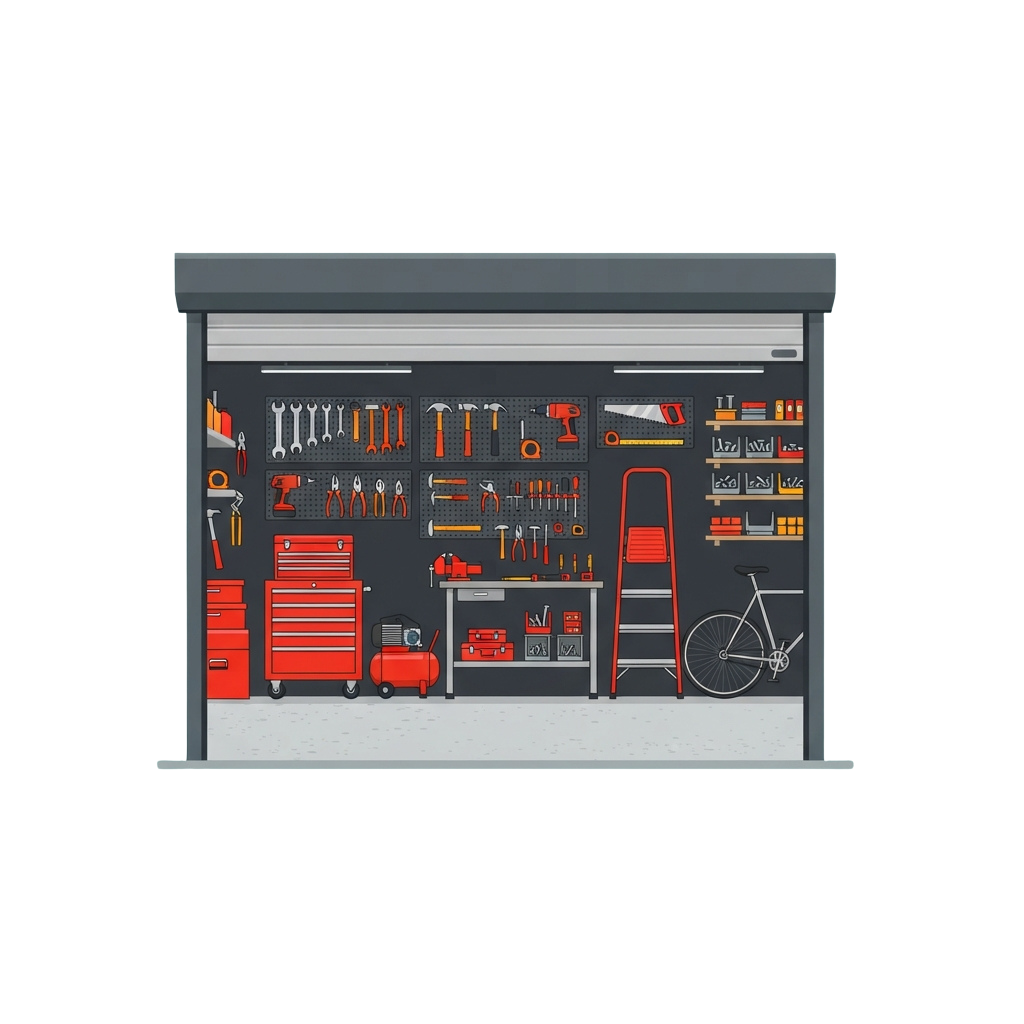Illustration of a well-organized tool storage wall featuring various hand tools, a workbench, and a bicycle