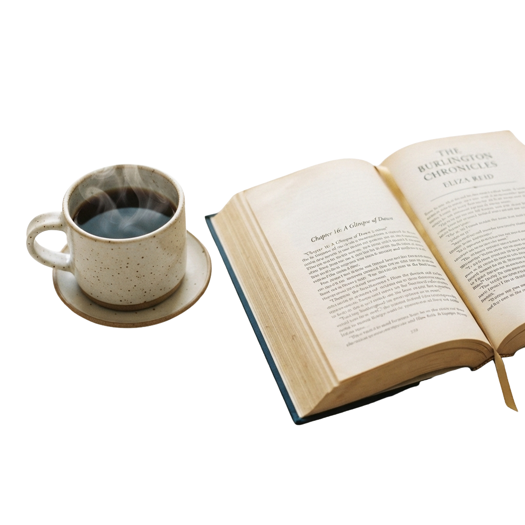 An open book titled The Burlington Chronicles next to a steaming cup of coffee on a saucer