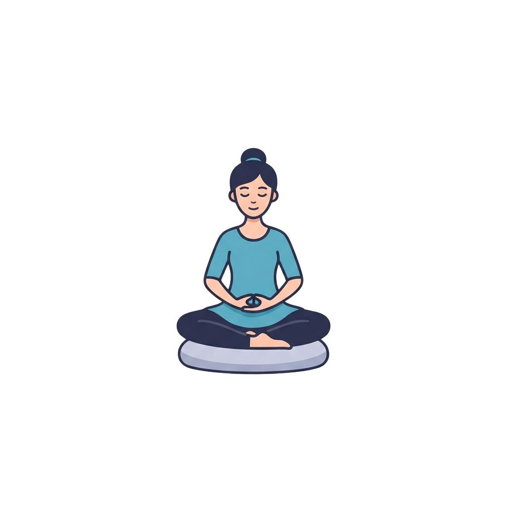 A person sitting cross-legged on a cushion, meditating with hands resting on knees, wearing a blue outfit.
