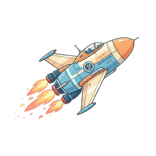 A colorful, cartoon-style rocket ship with flames shooting from its base, flying against a black background