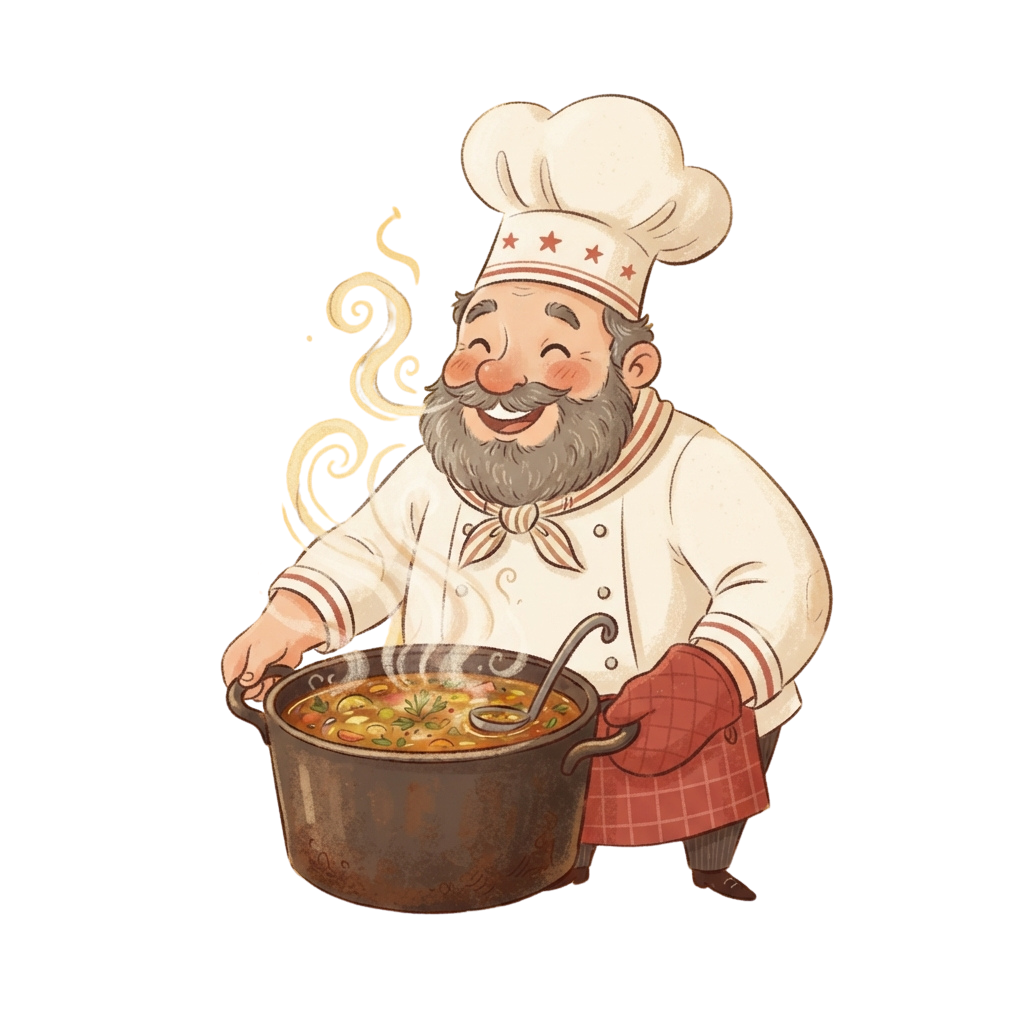 Cheerful cartoon chef holding a pot of steaming stew with a ladle, wearing a white hat and apron with red checkered towel.