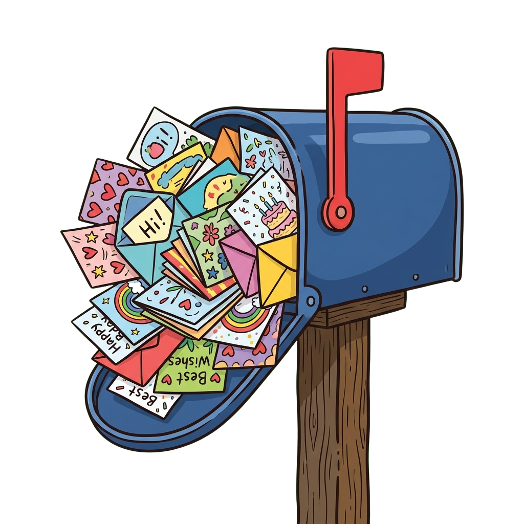 A blue mailbox filled with brightly colored greeting cards spilling out onto the ground