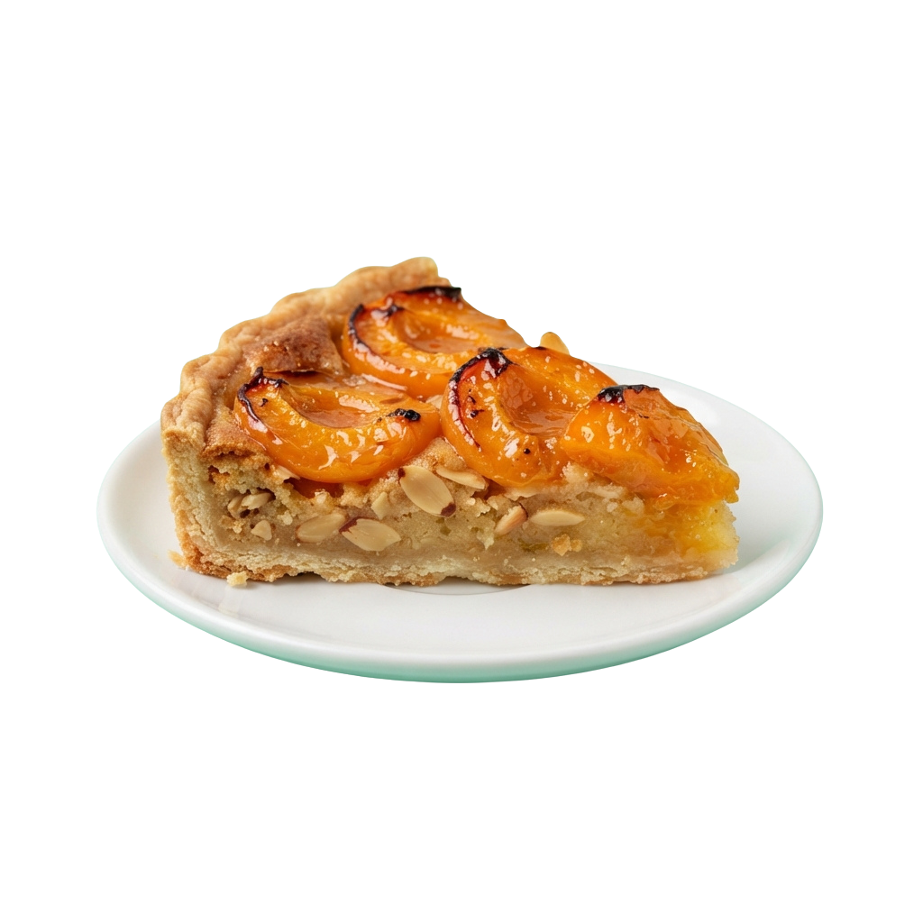 A slice of apricot almond tart on a white plate with caramelized apricots and almonds on top