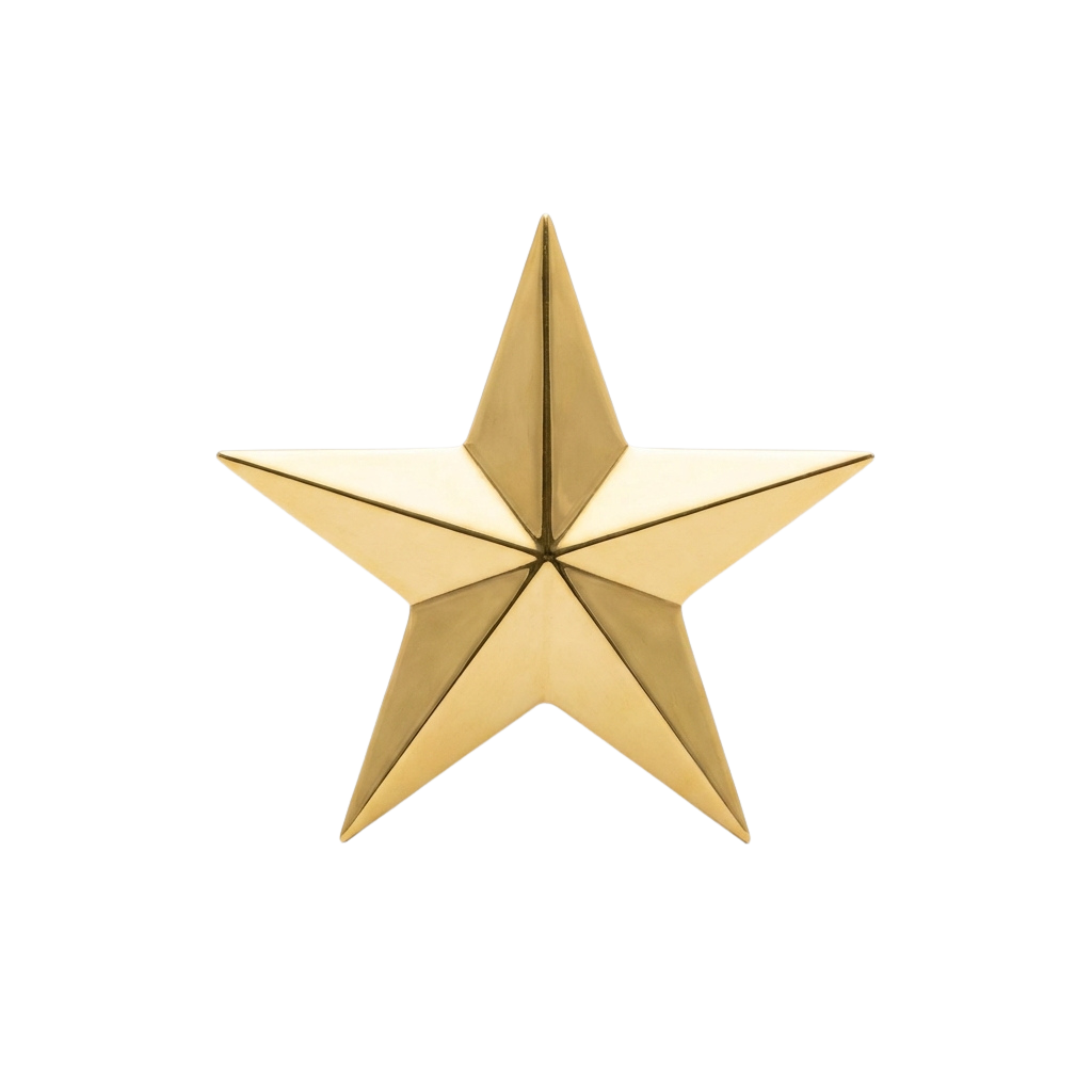 A three-dimensional gold-colored star shape with a shiny metallic finish against a black background