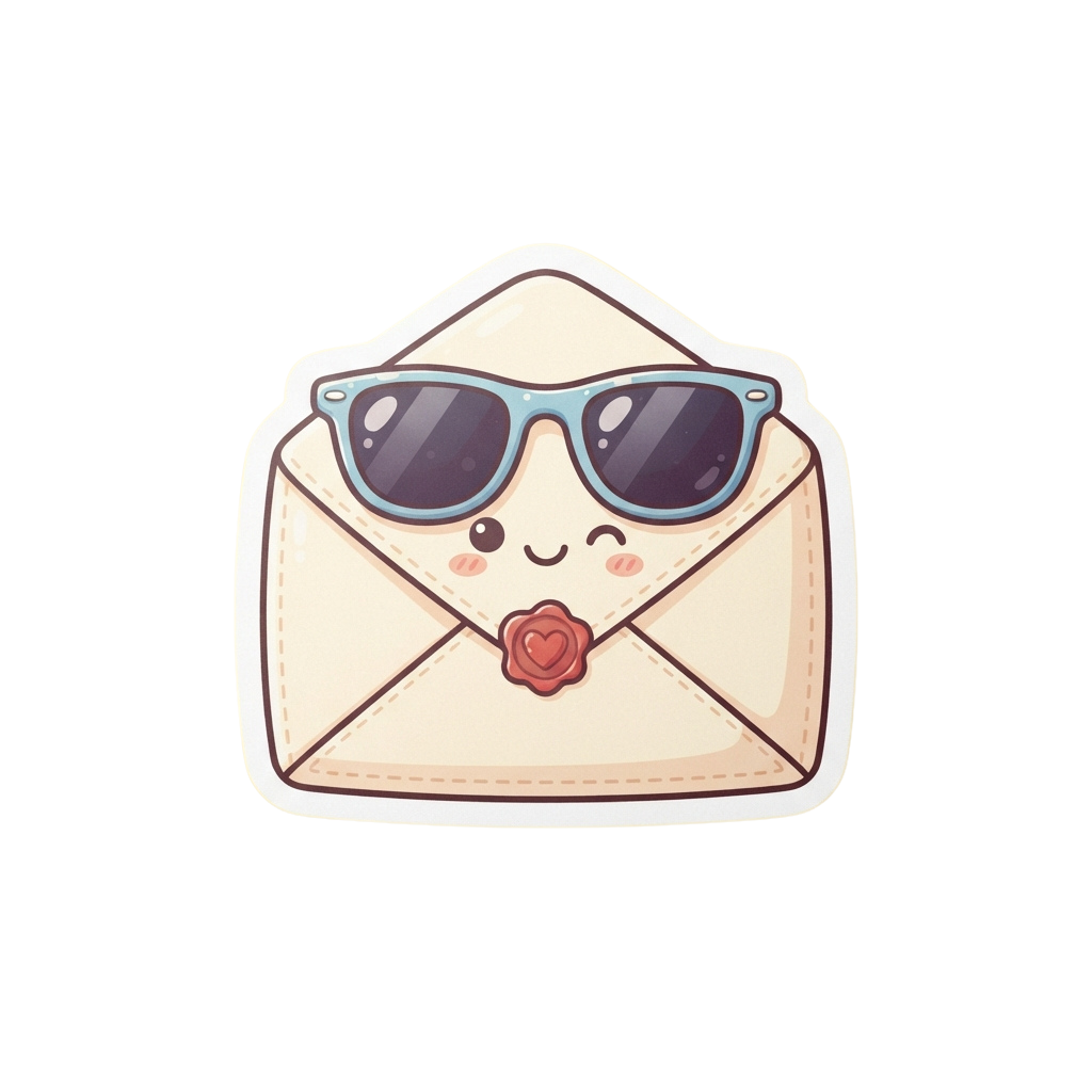 A smiling cartoon envelope with sunglasses and a red flower nose accessory