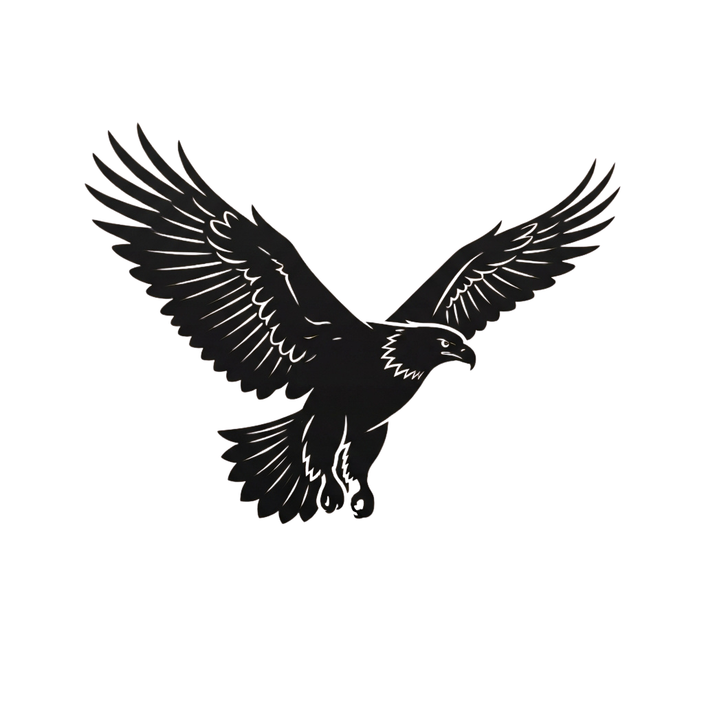 A dark silhouette of an eagle in flight against a black background