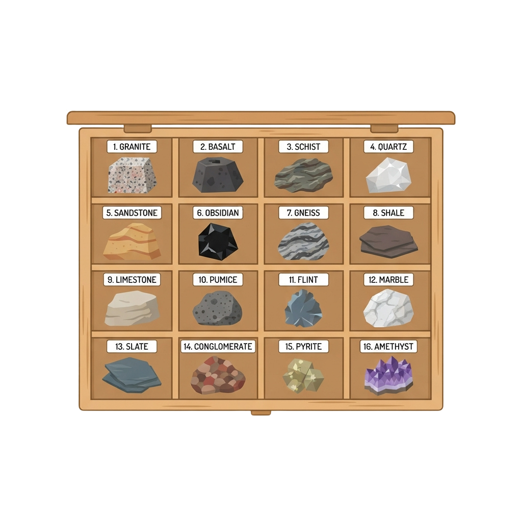Illustrated chart showing 16 different types of rocks and minerals with numbered labels