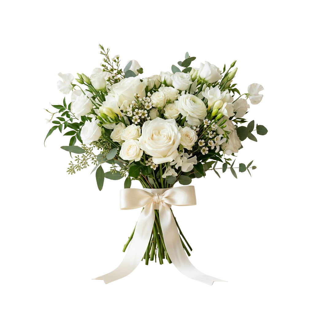 A lush white floral bouquet featuring roses, greenery, and a cream ribbon tied at the base