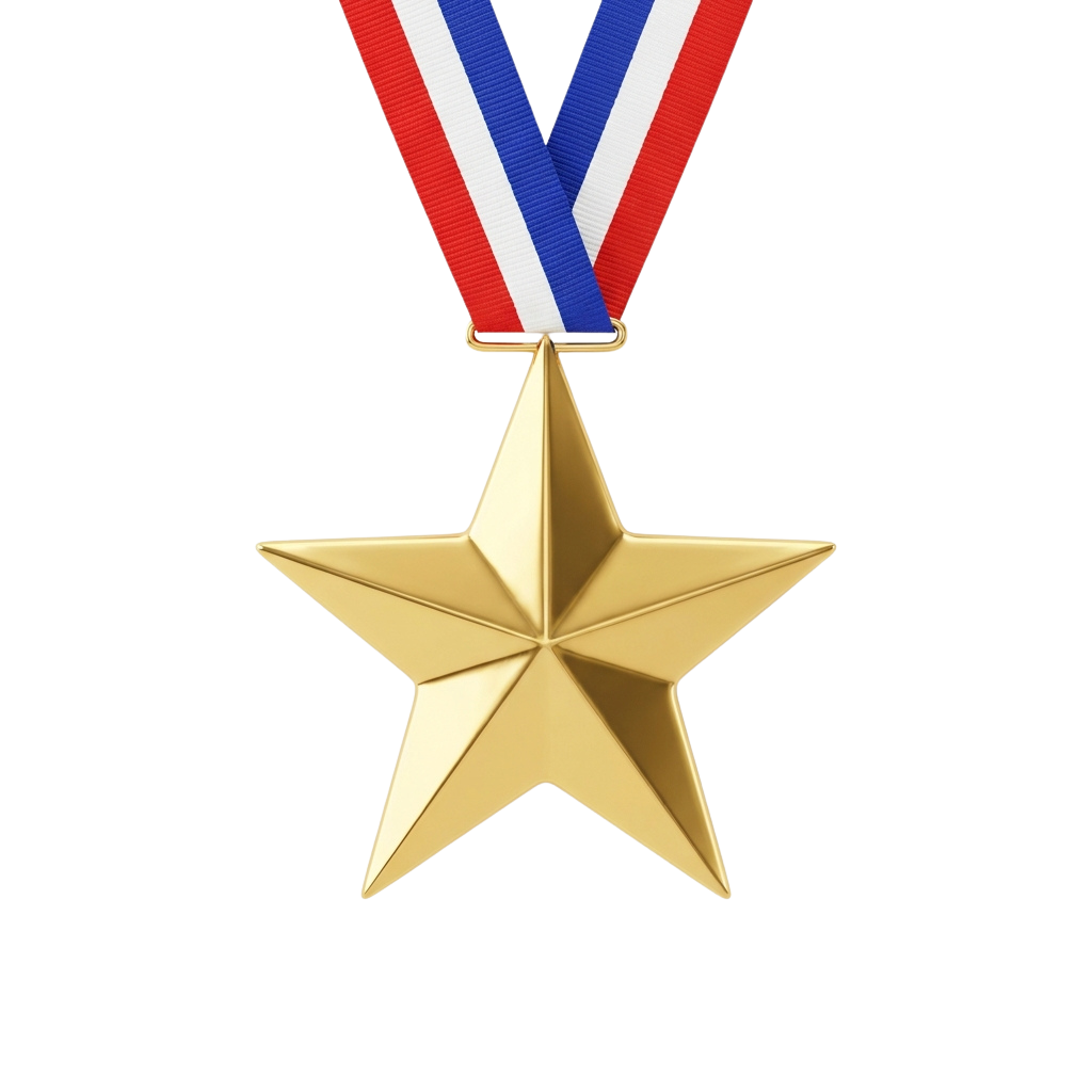 A gold star-shaped military medal with a red, white, and blue ribbon.