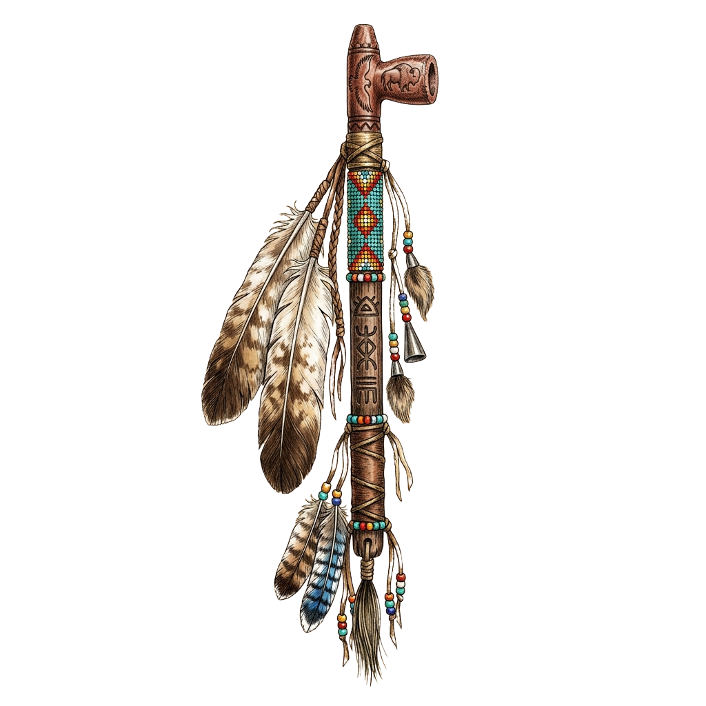 A carved wooden war pipe adorned with feathers, beads, and intricate designs.