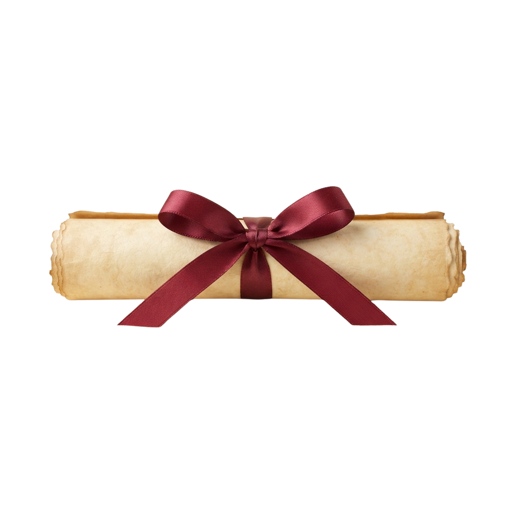 A rolled diploma or certificate tied with a burgundy ribbon on a dark background