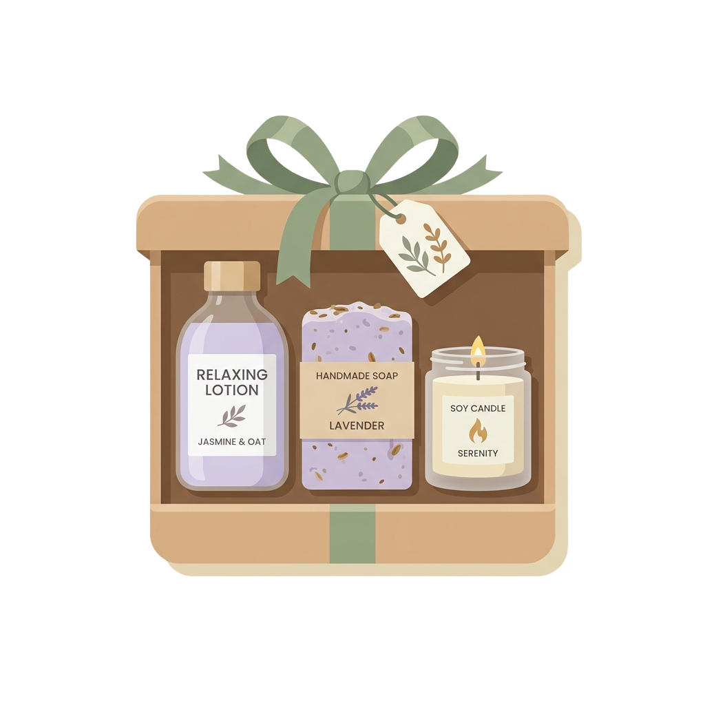 Illustration of a gift box containing lavender handmade soap, relaxing lotion, and a soy candle