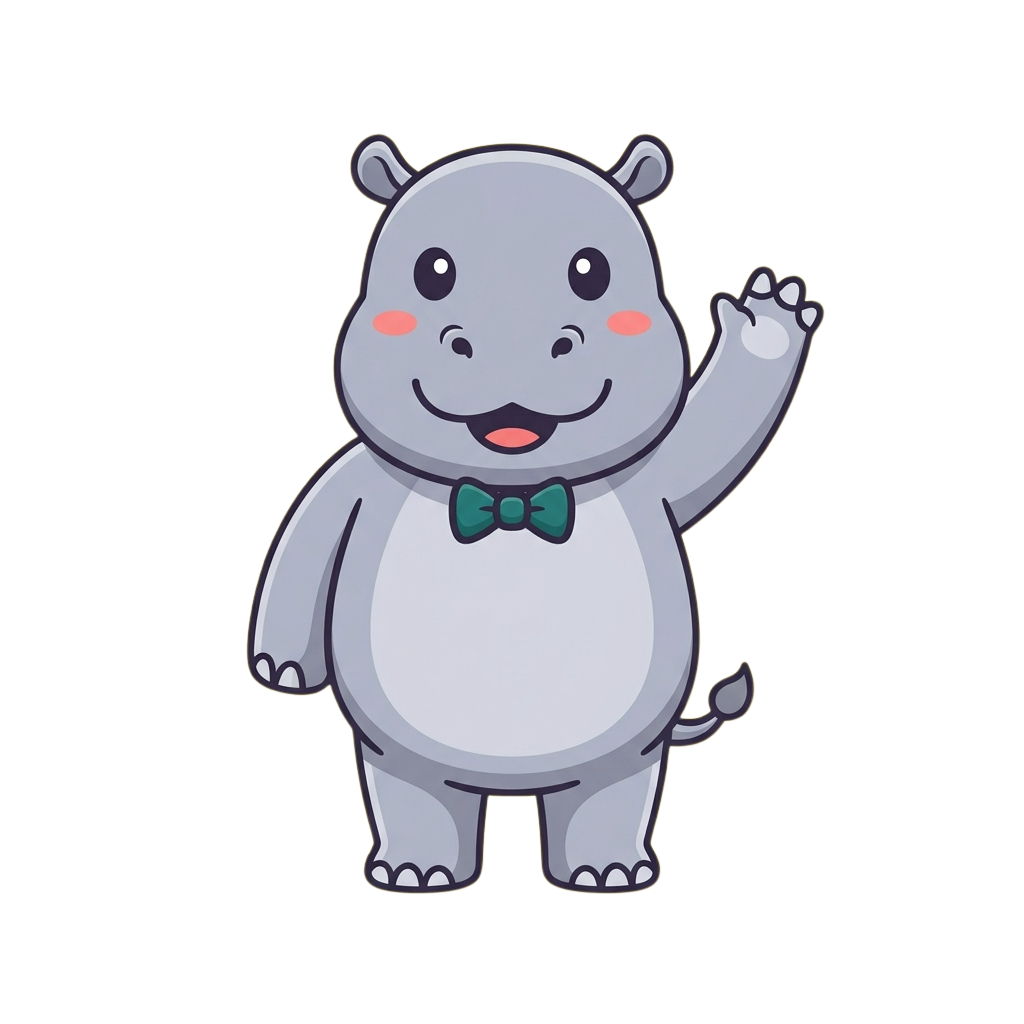 A smiling cartoon hippo wearing a bowtie waves with its right hand