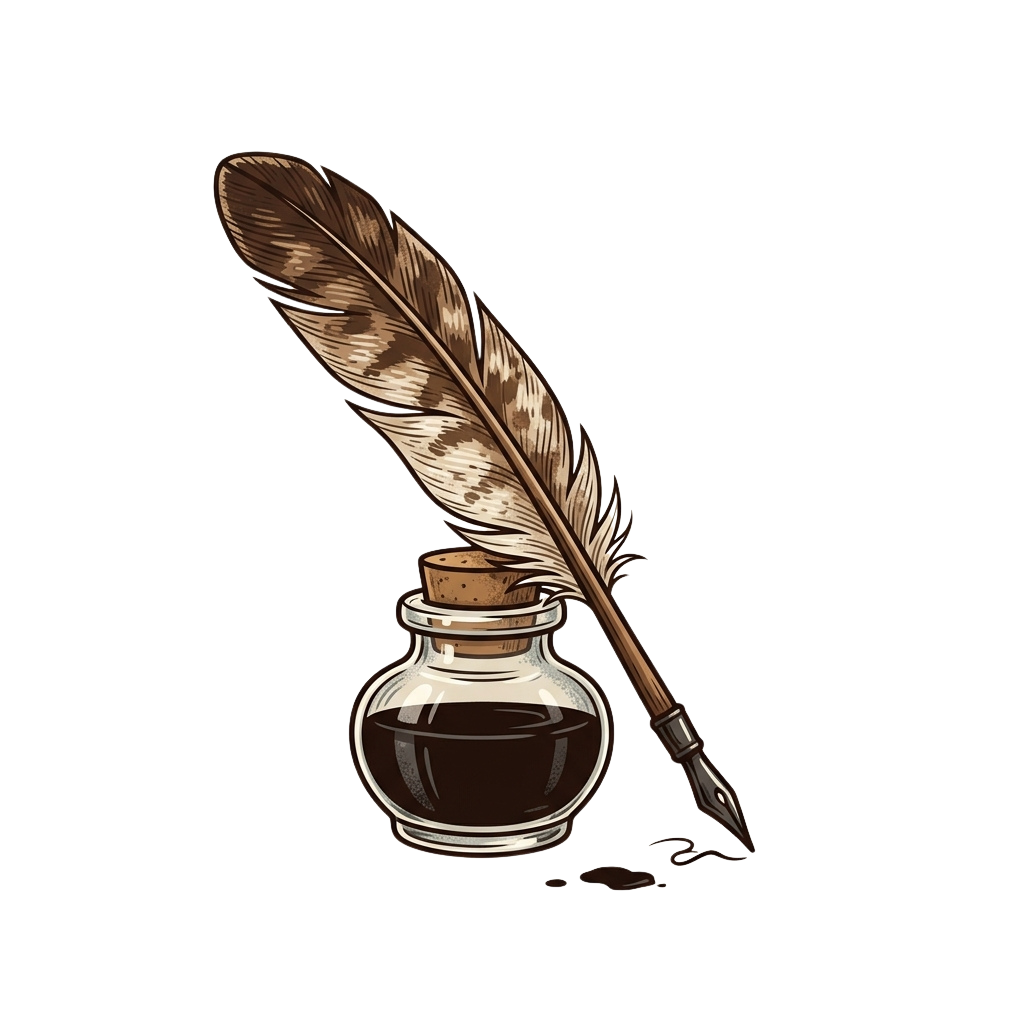 A detailed illustration of a feather quill pen resting in an inkwell with dark ink