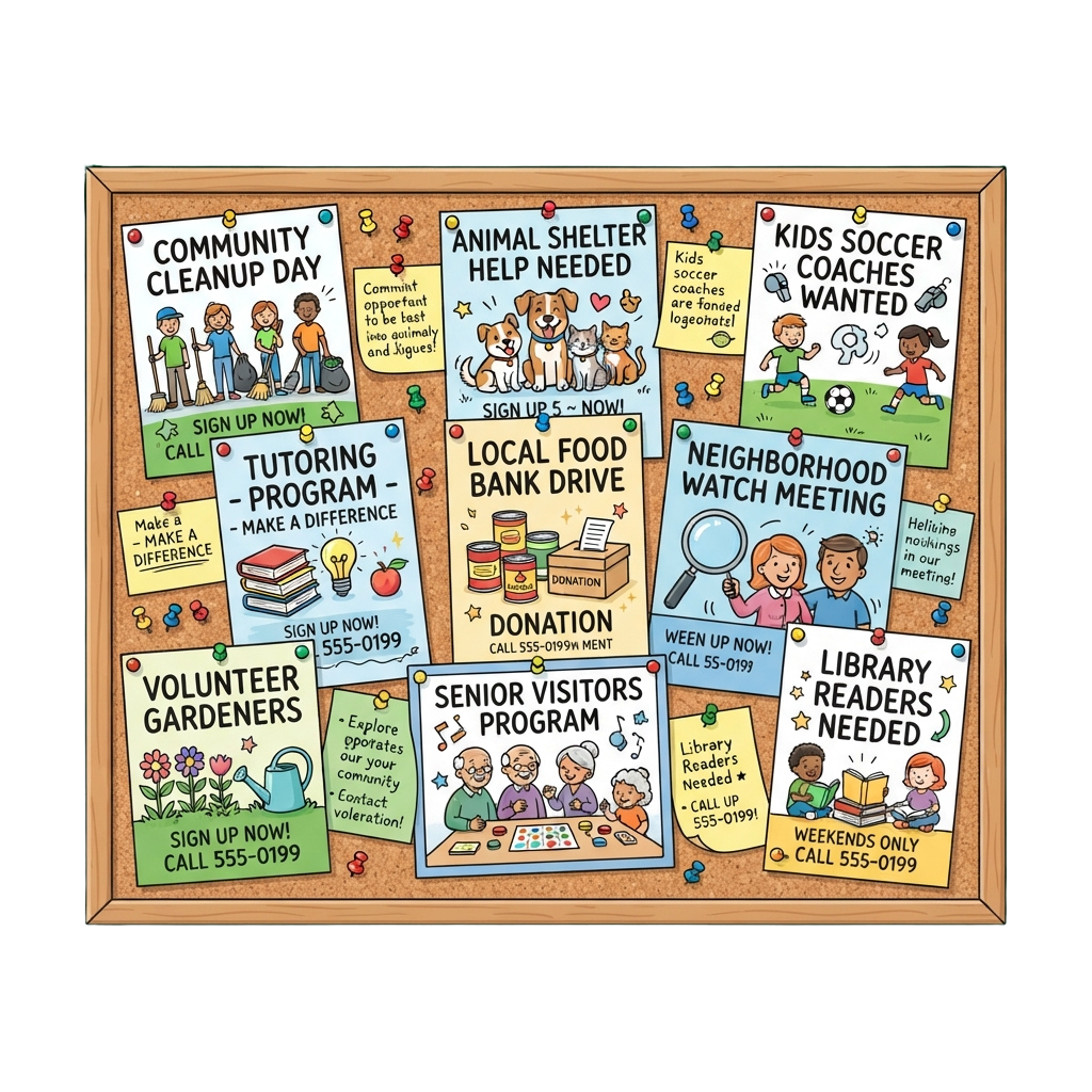 Colorful flyers listing various community volunteer opportunities with illustrations and contact info