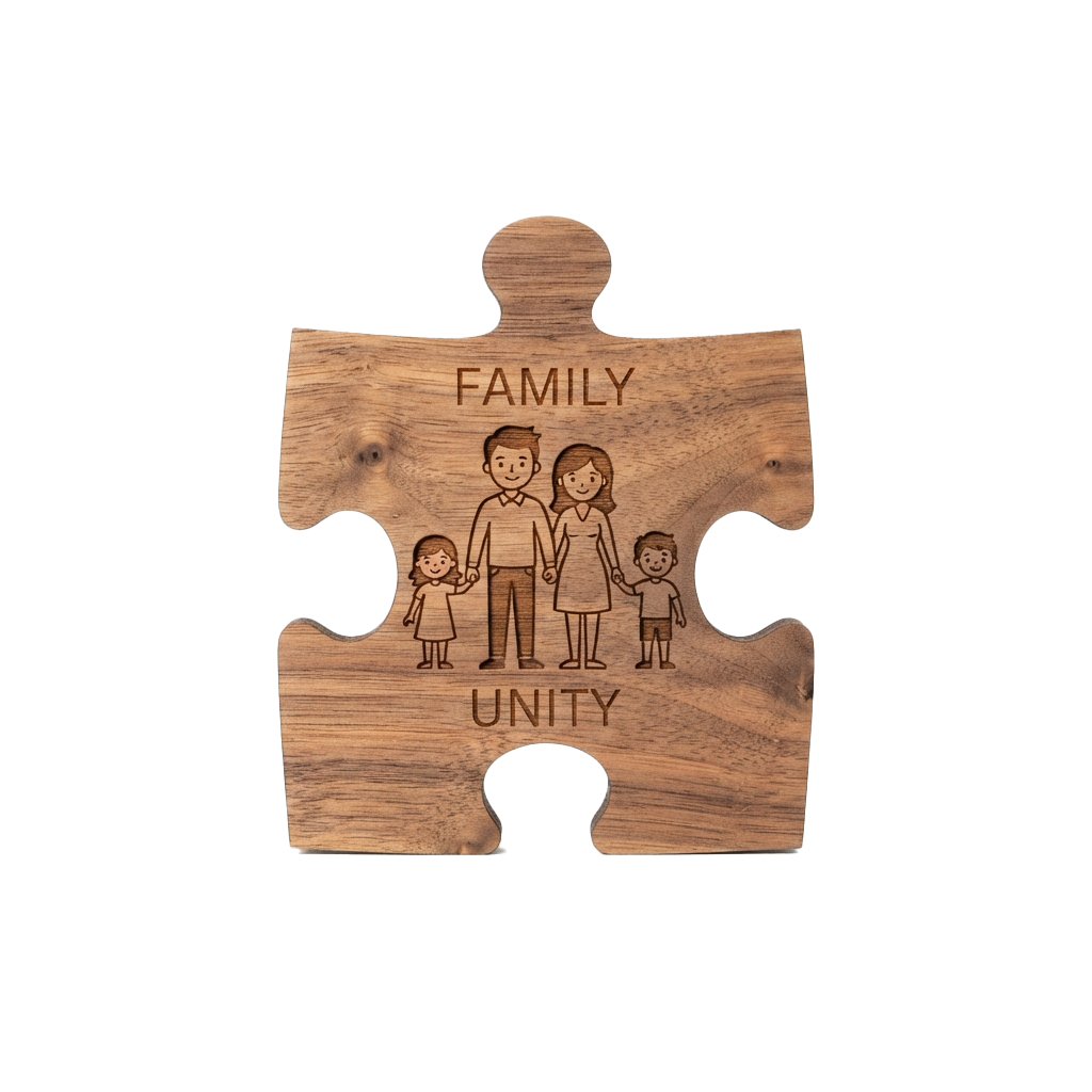 A wooden puzzle piece with an engraved illustration of a family of four and the words Family Unity