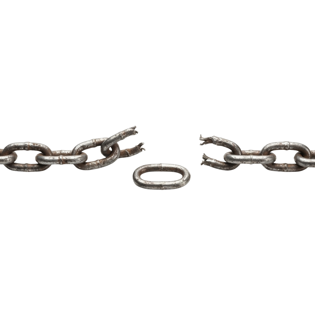 Close-up of two broken metal chains with a separate oval split ring on a black background