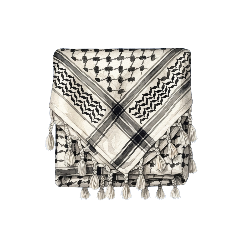A folded fabric towel with black and white patterns, tassels on the edges, and diagonal stripes.