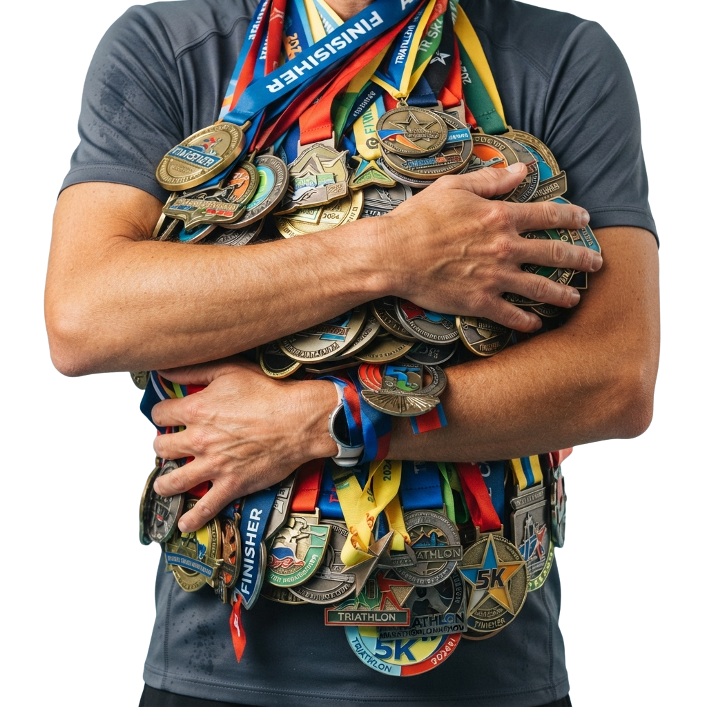Person wearing multiple medals and finisher ribbons around their neck and arms, celebrating athletic achievements.