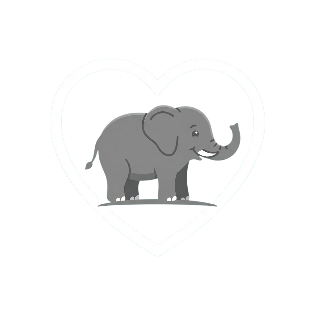 A smiling cartoon elephant standing inside a white heart shape on a black background