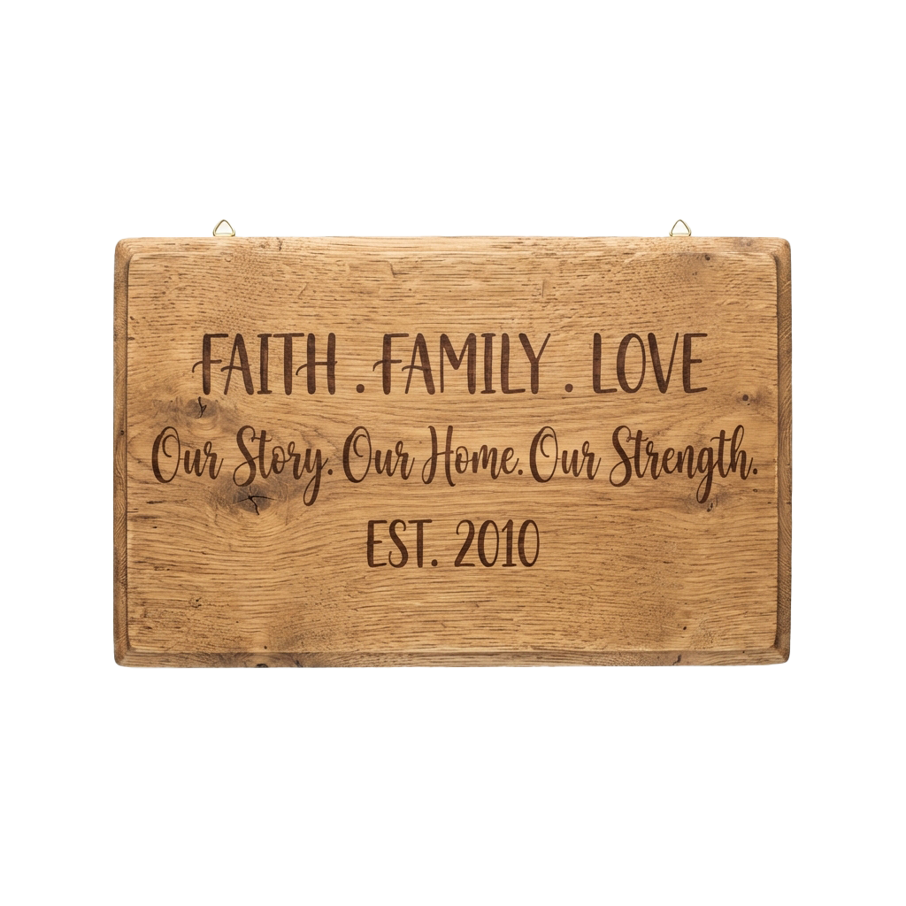 Wooden sign with text reading Faith Family Love Our Story Our Home Our Strength EST 2010
